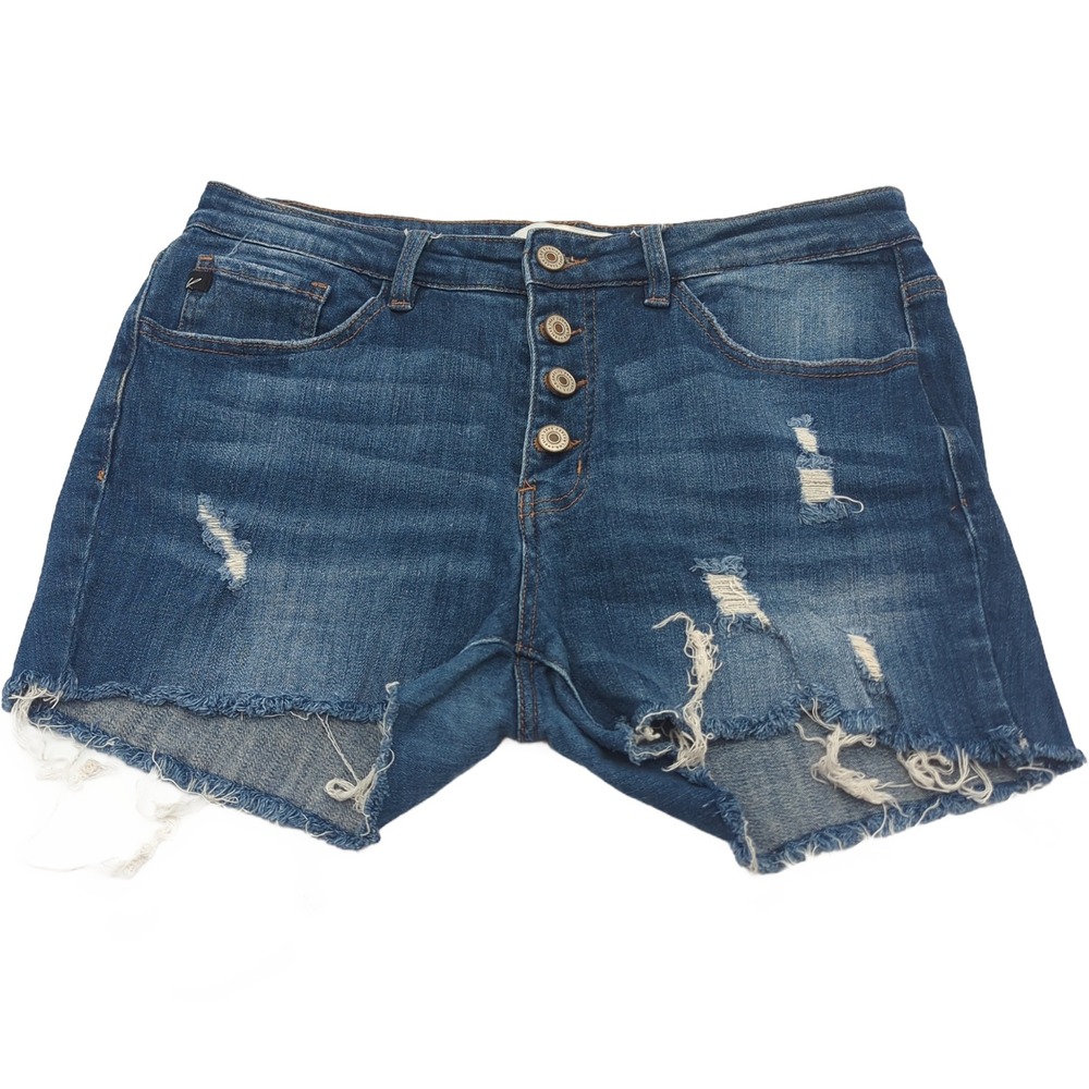 KanCan High Rise Distressed Denim Shorts Medium Wash Button Fly KC50290 Sz 13/30